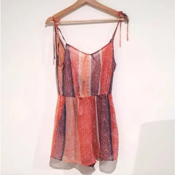 NEW BCBG MaxAzria Red White Sheer Print Patterned Tie Tank Top Shorts Romper S - Picture 1 of 7